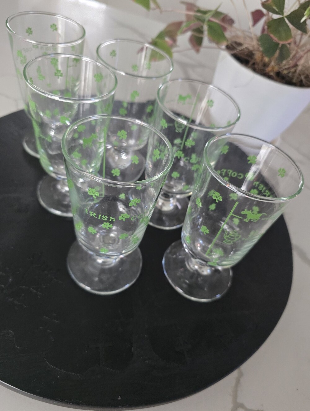 Vintage Shamrock Irish Coffee Pedestal Glasses with Fill Lines - Set of 6